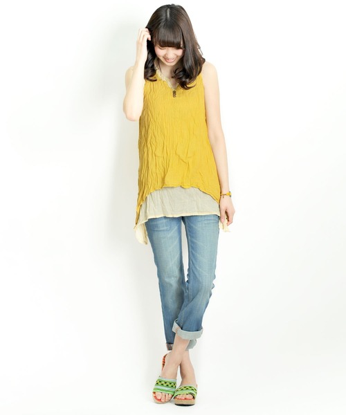 MARAI(マーライ)の「【MARAI】くしゅくしゅコットンノースリーブチュニック(シャツ/ブラウス・レディース・ライトグリーン系/ホワイト/ブラック/マスタード/ネイビー系・FREE)」の6枚目の写真