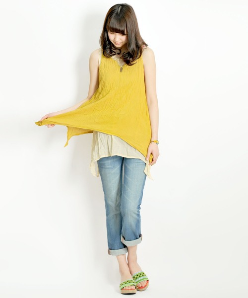 MARAI(マーライ)の「【MARAI】くしゅくしゅコットンノースリーブチュニック(シャツ/ブラウス・レディース・ライトグリーン系/ホワイト/ブラック/マスタード/ネイビー系・FREE)」の7枚目の写真