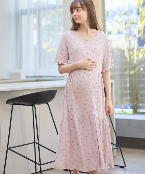 テレコ小花柄ティアードネグリジェ/ワンピースパジャマ/ルームウェア