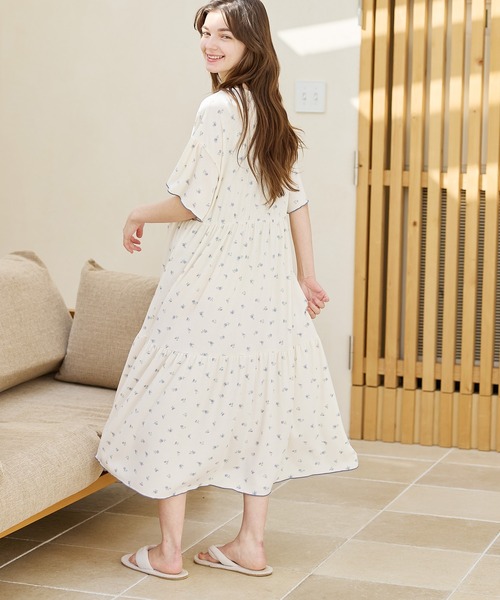 テレコ小花柄ティアードネグリジェ/ワンピースパジャマ/ルームウェア