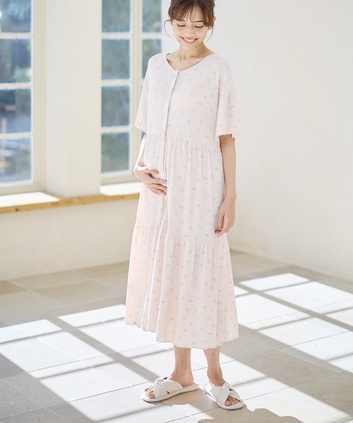 テレコ小花柄ティアードネグリジェ/ワンピースパジャマ/ルームウェア