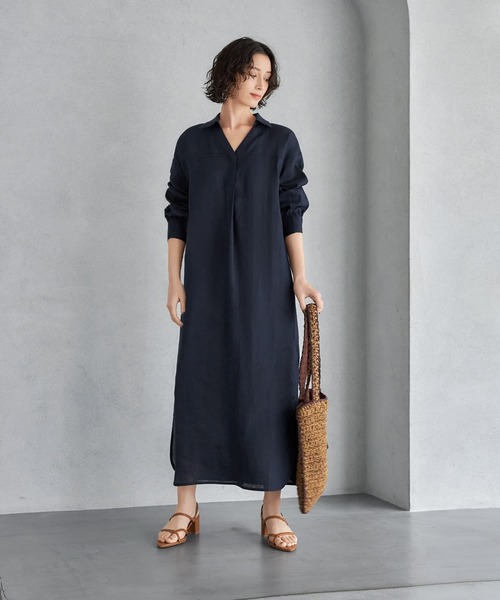 STYLE DELI(スタイルデリ)の「【LUXE】リネン100%オープンカラーワンピース(ワンピース・レディース・ホワイト/ネイビー/ベージュ/ダークブラウン・MEDIUM/SMALL)」の4枚目の写真