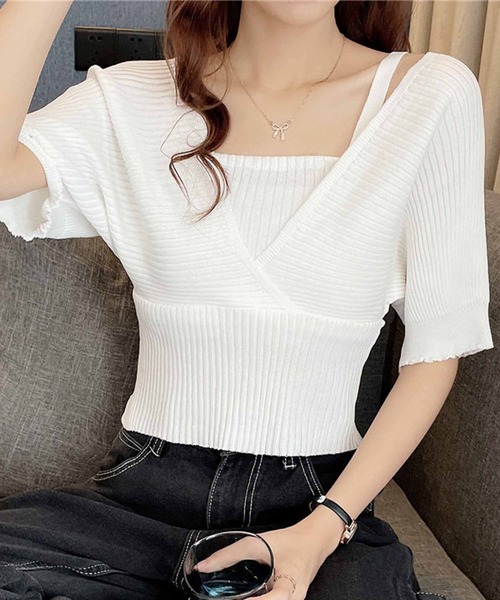 NANEA(ナネア)の「レイヤードカシュクールトップス(ニット/セーター・レディース・ホワイト/ブラック/ピンク/レッド・フリー)」の8枚目の写真