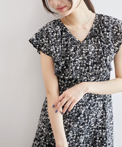 Rirandture✨フラワープリント　ラッフルシフォンプリントワンピース ハシゴレース装飾ラッフルフリルフラワープリント裾切り替え