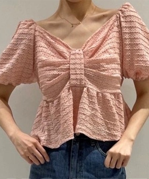 リボンネックパフスリーブペプラムトップス(Tシャツ/カットソー)|leune(ルネ)