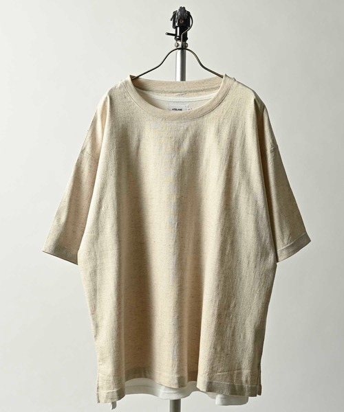 ATELANE(アテレーン)の「ATELANE/麻レーヨンストレッチ無地 半袖アンサンブル(Tシャツ/カットソー・メンズ・チャコールグレー/カーキ/キナリ・MEDIUM/LARGE/X-LARGE)」の2枚目の写真