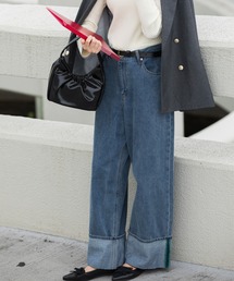 カラーステッチロールアップワイドデニムパンツ