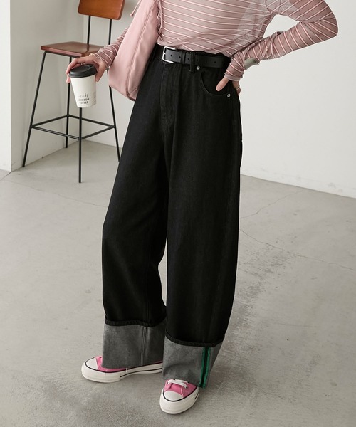 BONLECILL(ボンルシール)の「カラーステッチロールアップワイドデニムパンツ(デニムパンツ・レディース・ブラック/ブルー系1/ネイビー・M/S/L)」の2枚目の写真