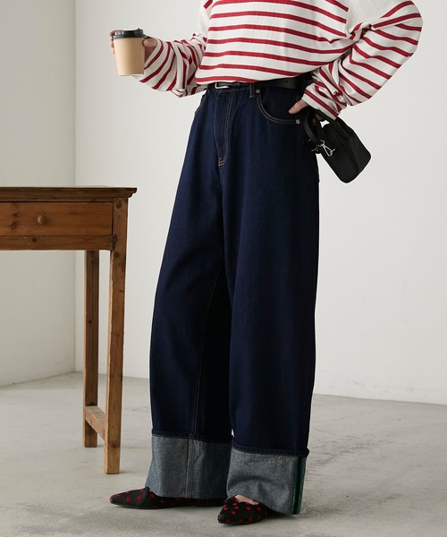 セール】カラーステッチロールアップワイドデニムパンツ（デニム