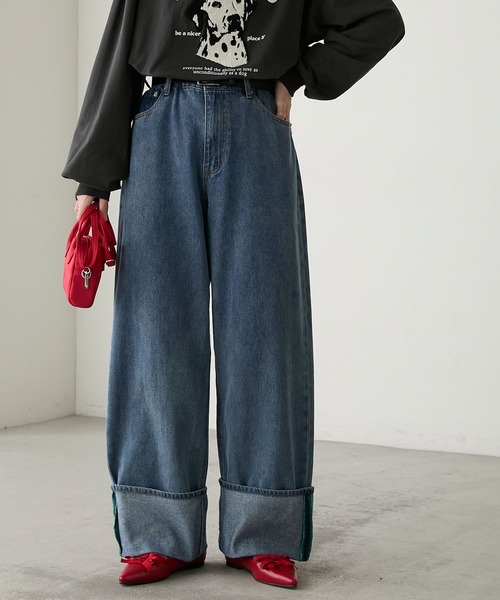 colourワイド カラーステッチロールアップワイドデニムパンツ（デニムパンツ