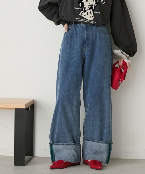 セール】カラーステッチロールアップワイドデニムパンツ（デニム