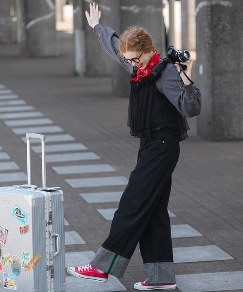 BONLECILL(ボンルシール)の「カラーステッチロールアップワイドデニムパンツ(デニムパンツ・レディース・ブラック/ブルー系1/ネイビー・M/S/L)」の22枚目の写真