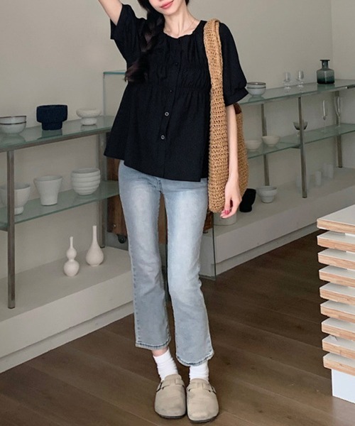 Miniministore(ミニミニストア)の「半袖シャツブラウス シャーリングトップス(シャツ/ブラウス・レディース・クリーム/ブルー/ピンク/ブラック・FREE)」の6枚目の写真