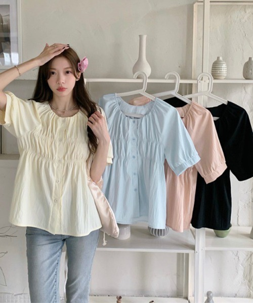 Miniministore(ミニミニストア)の「半袖シャツブラウス シャーリングトップス(シャツ/ブラウス・レディース・クリーム/ブルー/ピンク/ブラック・FREE)」の9枚目の写真