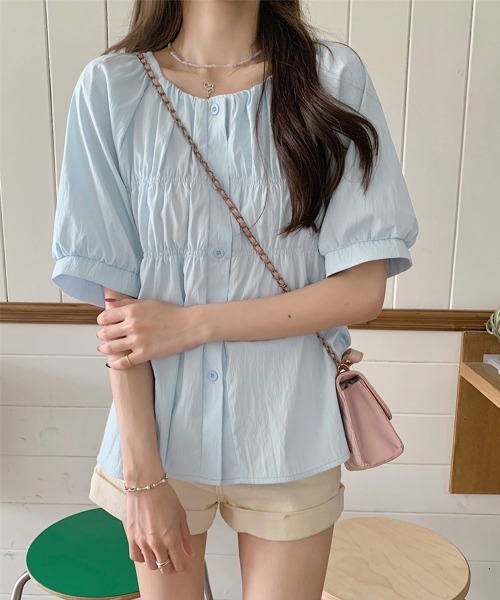 Miniministore(ミニミニストア)の「半袖シャツブラウス シャーリングトップス(シャツ/ブラウス・レディース・クリーム/ブルー/ピンク/ブラック・FREE)」の10枚目の写真