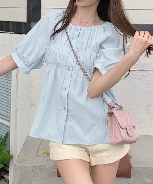 Miniministore(ミニミニストア)の「半袖シャツブラウス シャーリングトップス(シャツ/ブラウス・レディース・クリーム/ブルー/ピンク/ブラック・FREE)」の11枚目の写真