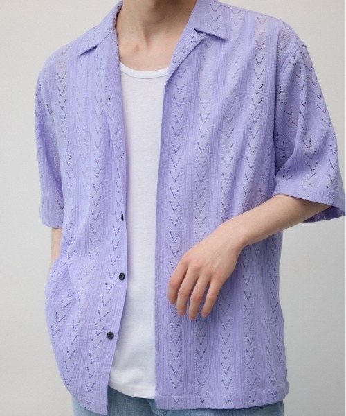AZUL by moussy（アズールバイマウジー）の「シアー開襟シャツ（シャツ/ブラウス・メンズ・ライトパープル/オフホワイト/ブラック・FREE）」の3枚目の写真