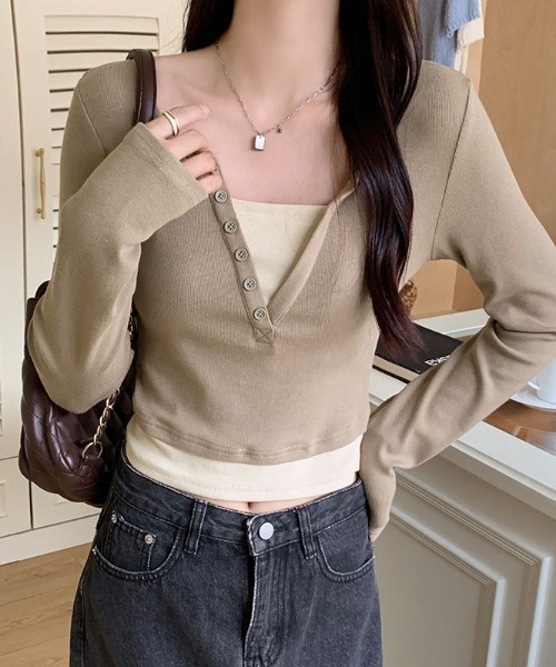 Per sist ence(パーシエンス)の「オープンヘンリーネックレイヤード風長袖トップス(Tシャツ/カットソー・レディース・ネイビー/ベージュ/チャコールグレー・MEDIUM/LARGE/X-LARGE/SMALL)」の14枚目の写真