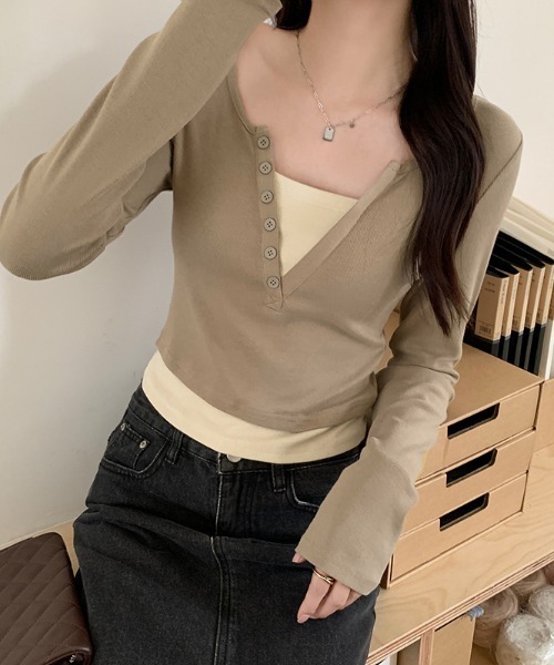 Per sist ence(パーシエンス)の「オープンヘンリーネックレイヤード風長袖トップス(Tシャツ/カットソー・レディース・ネイビー/ベージュ/チャコールグレー・MEDIUM/LARGE/X-LARGE/SMALL)」の20枚目の写真