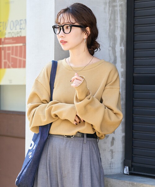 FREAK'S STORE（フリークスストア）の「限定展開　ワッフル クルーネック チュニック プルオーバー（Tシャツ/カットソー・レディース・イエロー/ベージュ/ライトグレー/ブラック/オリーブ/ナチュラル/ブルー・ﾌﾘ-）」の7枚目の写真