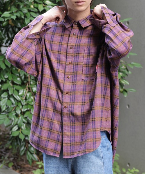 【セール】チェックグランパシャツ/ユニセックス（シャツ/ブラウス）｜DOUBLE NAME（ダブルネーム）