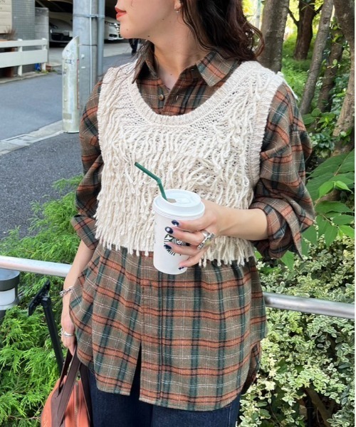 【セール】チェックグランパシャツ/ユニセックス（シャツ/ブラウス）｜DOUBLE NAME（ダブルネーム）