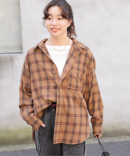 【セール】チェックグランパシャツ/ユニセックス（シャツ/ブラウス）｜DOUBLE NAME（ダブルネーム）