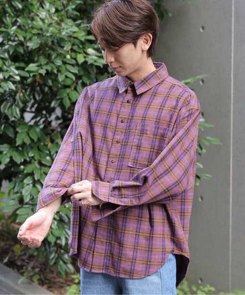 【セール】チェックグランパシャツ/ユニセックス（シャツ/ブラウス）｜DOUBLE NAME（ダブルネーム）