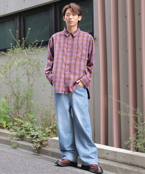 【セール】チェックグランパシャツ/ユニセックス（シャツ/ブラウス）｜DOUBLE NAME（ダブルネーム）