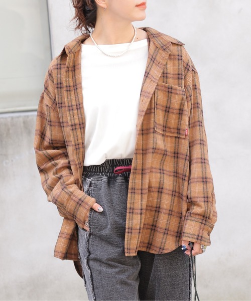 【セール】チェックグランパシャツ/ユニセックス（シャツ/ブラウス）｜DOUBLE NAME（ダブルネーム）