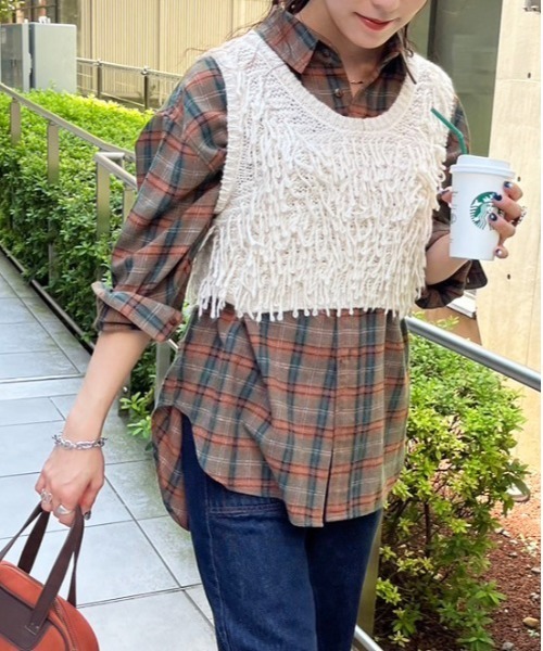 【セール】チェックグランパシャツ/ユニセックス（シャツ/ブラウス）｜DOUBLE NAME（ダブルネーム）