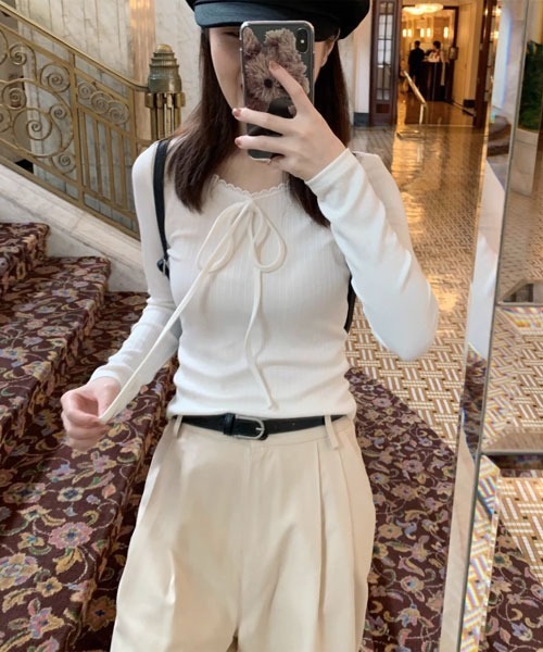 Mayree（メイリー）の「【Mayree】リボン リブ カットソー（Tシャツ/カットソー・レディース・ホワイト・SMALL/MEDIUM/LARGE）」の3枚目の写真