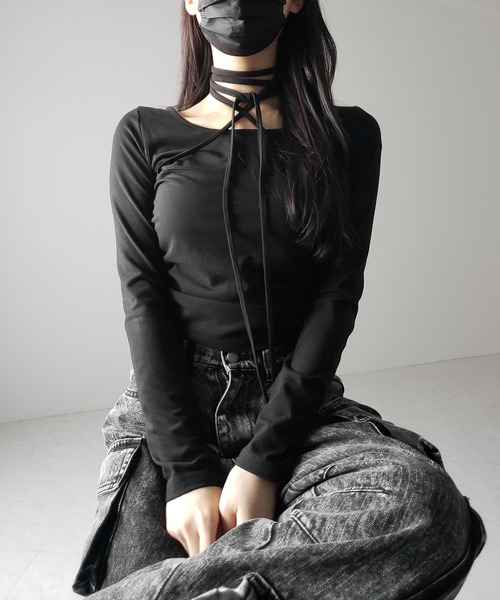 3color 】クロスストラップロングチョーカーリボントップス ／ cross