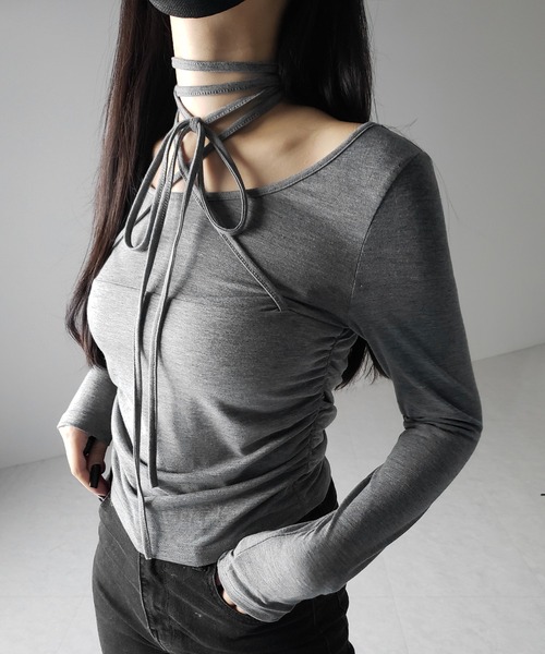 me+em select(ミームセレクト)の「※※【 3color 】クロスストラップロングチョーカーリボントップス / cross strap long choker ribbon tops(Tシャツ/カットソー・レディース・ブラック/グレー/ホワイト・FREE)」の18枚目の写真
