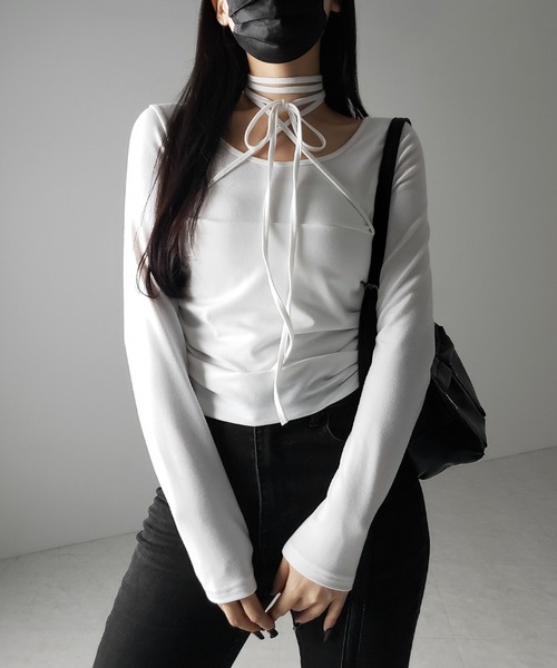 3color 】クロスストラップロングチョーカーリボントップス ／ cross