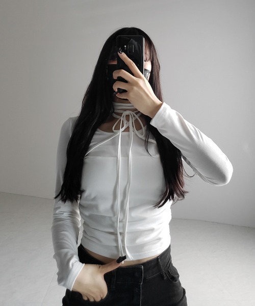 3color 】クロスストラップロングチョーカーリボントップス ／ cross