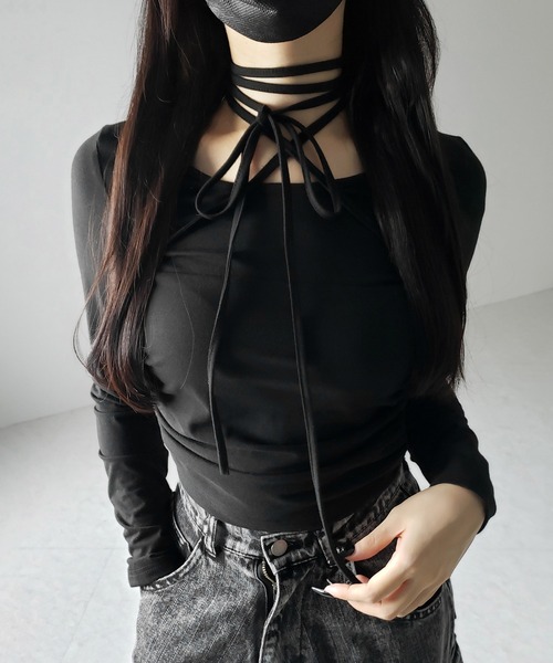 セール】【 3color 】クロスストラップロングチョーカーリボン