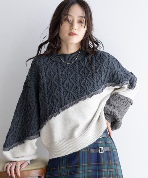 RAGEBLUE（レイジブルー）の「配色メロウ/デザインケーブルニット（ニット/セーター・レディース・ベージュ系/ブラック系/ホワイト系・FREE）」の6枚目の写真