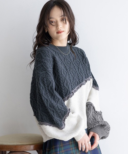 RAGEBLUE（レイジブルー）の「配色メロウ/デザインケーブルニット（ニット/セーター・レディース・ベージュ系/ブラック系/ホワイト系・FREE）」の7枚目の写真