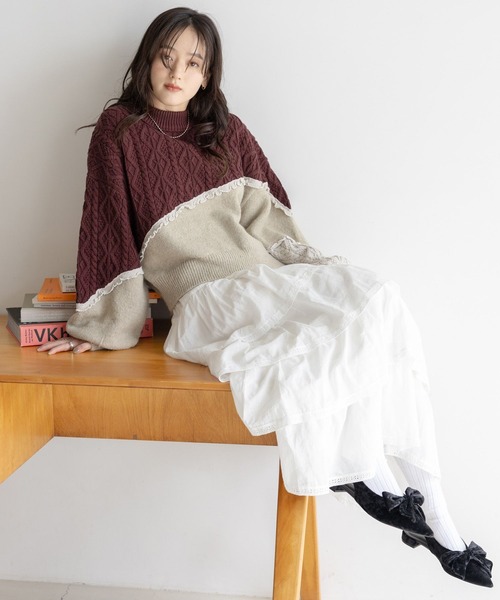 RAGEBLUE（レイジブルー）の「配色メロウ/デザインケーブルニット（ニット/セーター・レディース・ベージュ系/ブラック系/ホワイト系・FREE）」の8枚目の写真