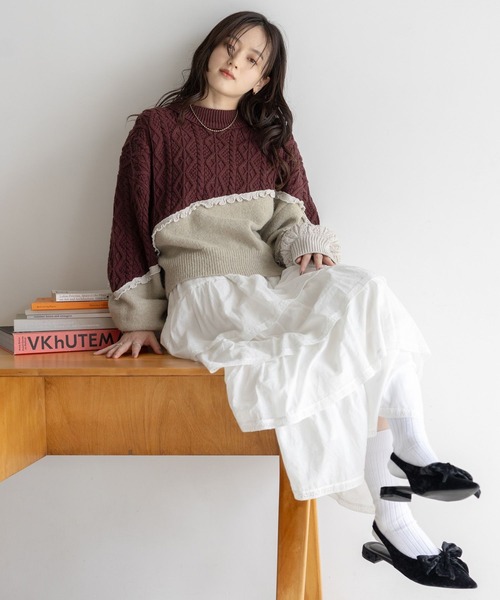 RAGEBLUE（レイジブルー）の「配色メロウ/デザインケーブルニット（ニット/セーター・レディース・ベージュ系/ブラック系/ホワイト系・FREE）」の9枚目の写真