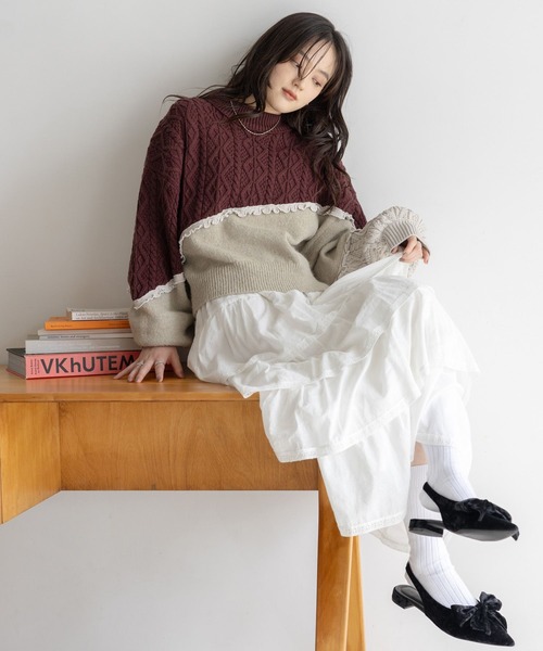 RAGEBLUE（レイジブルー）の「配色メロウ/デザインケーブルニット（ニット/セーター・レディース・ベージュ系/ブラック系/ホワイト系・FREE）」の10枚目の写真