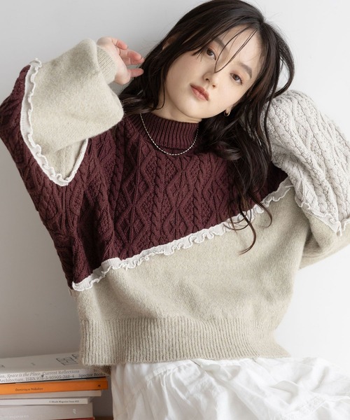 RAGEBLUE（レイジブルー）の「配色メロウ/デザインケーブルニット（ニット/セーター・レディース・ベージュ系/ブラック系/ホワイト系・FREE）」の11枚目の写真