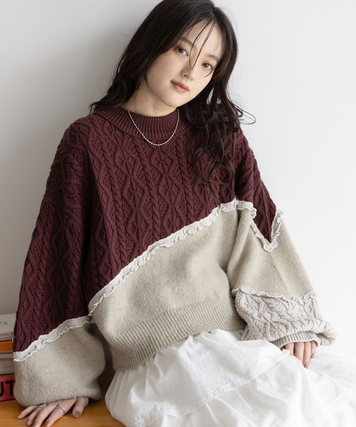 RAGEBLUE（レイジブルー）の「配色メロウ/デザインケーブルニット（ニット/セーター・レディース・ベージュ系/ブラック系/ホワイト系・FREE）」の12枚目の写真