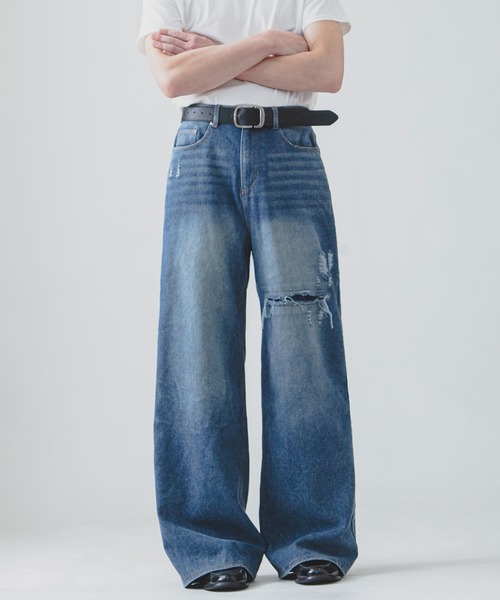 セール】【White Line】 バギー ストレート ダメージ デニム（デニム