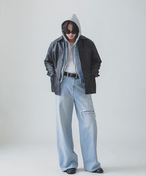 ZIP FIVE -White Line-(ジップファイブホワイトライン)の「【White Line】 バギー ストレート ダメージ デニム(デニムパンツ・メンズ・ブルー/サックスブルー/ブラック・SMALL/MEDIUM/LARGE)」の14枚目の写真