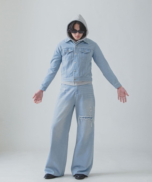ZIP FIVE -White Line-(ジップファイブホワイトライン)の「【White Line】 バギー ストレート ダメージ デニム(デニムパンツ・メンズ・ブルー/サックスブルー/ブラック・SMALL/MEDIUM/LARGE)」の13枚目の写真