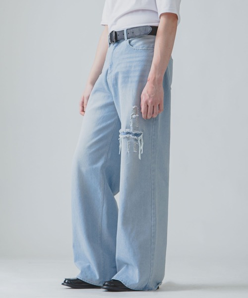 ZIP FIVE -White Line-(ジップファイブホワイトライン)の「【White Line】 バギー ストレート ダメージ デニム(デニムパンツ・メンズ・ブルー/サックスブルー/ブラック・SMALL/MEDIUM/LARGE)」の9枚目の写真