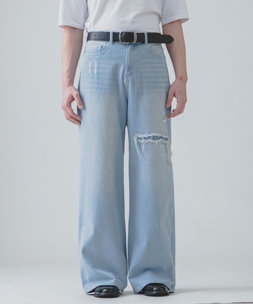 セール】【White Line】 バギー ストレート ダメージ デニム（デニム