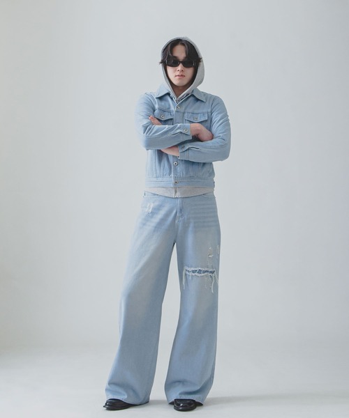 ZIP FIVE -White Line-(ジップファイブホワイトライン)の「【White Line】 バギー ストレート ダメージ デニム(デニムパンツ・メンズ・ブルー/サックスブルー/ブラック・SMALL/MEDIUM/LARGE)」の11枚目の写真